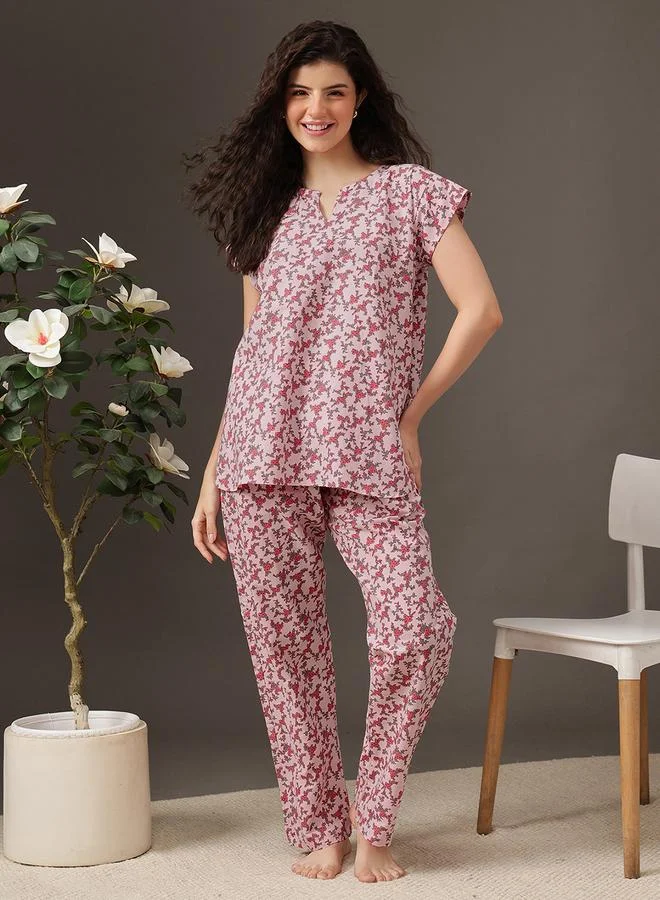Clovia Floral Print Longline Top and Pyjama Set